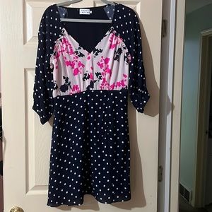 TONYA TAYLOR NAVY/PINK POLKADOT MIDI DRESS, SIZE 8, NWOT